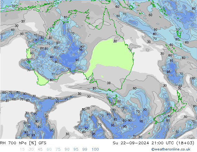 RH 700 hPa GFS Su 22.09.2024 21 UTC