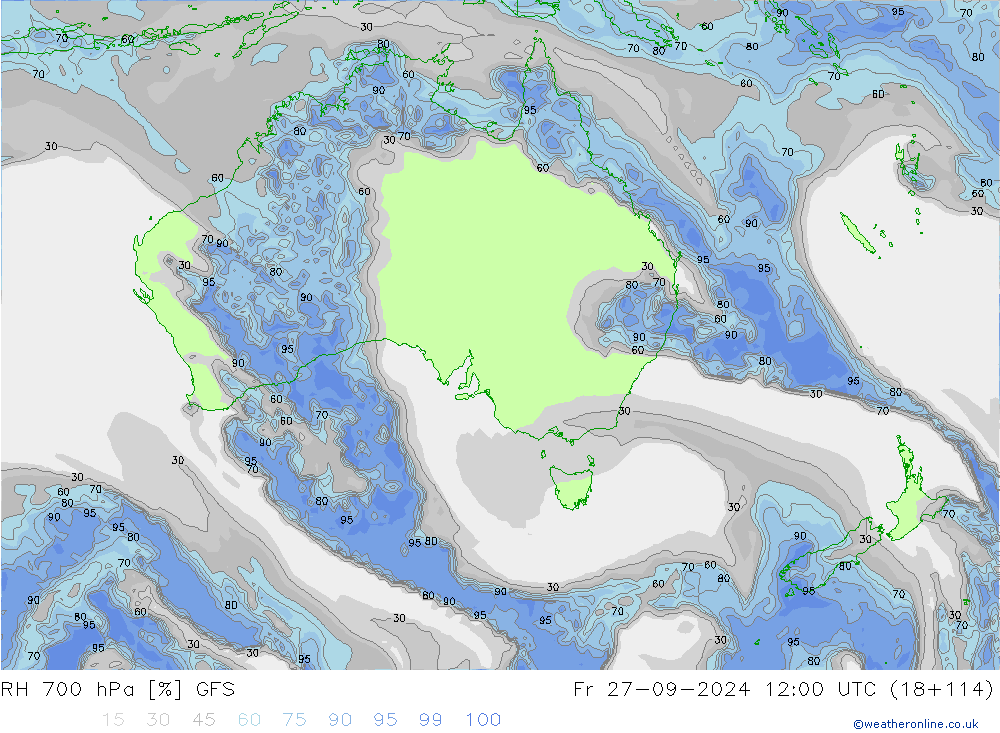 RH 700 hPa GFS Pá 27.09.2024 12 UTC