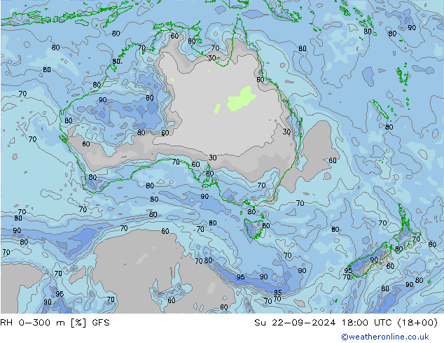 RH 0-300 m GFS dom 22.09.2024 18 UTC