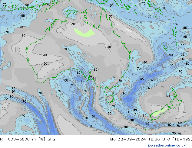 RH 600-3000 m GFS Mo 30.09.2024 18 UTC