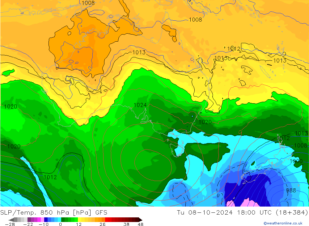 SLP/Temp. 850 hPa GFS  08.10.2024 18 UTC