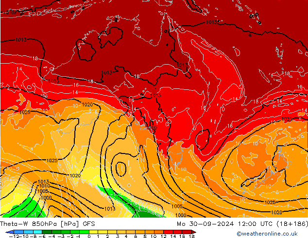 Theta-W 850hPa GFS pon. 30.09.2024 12 UTC