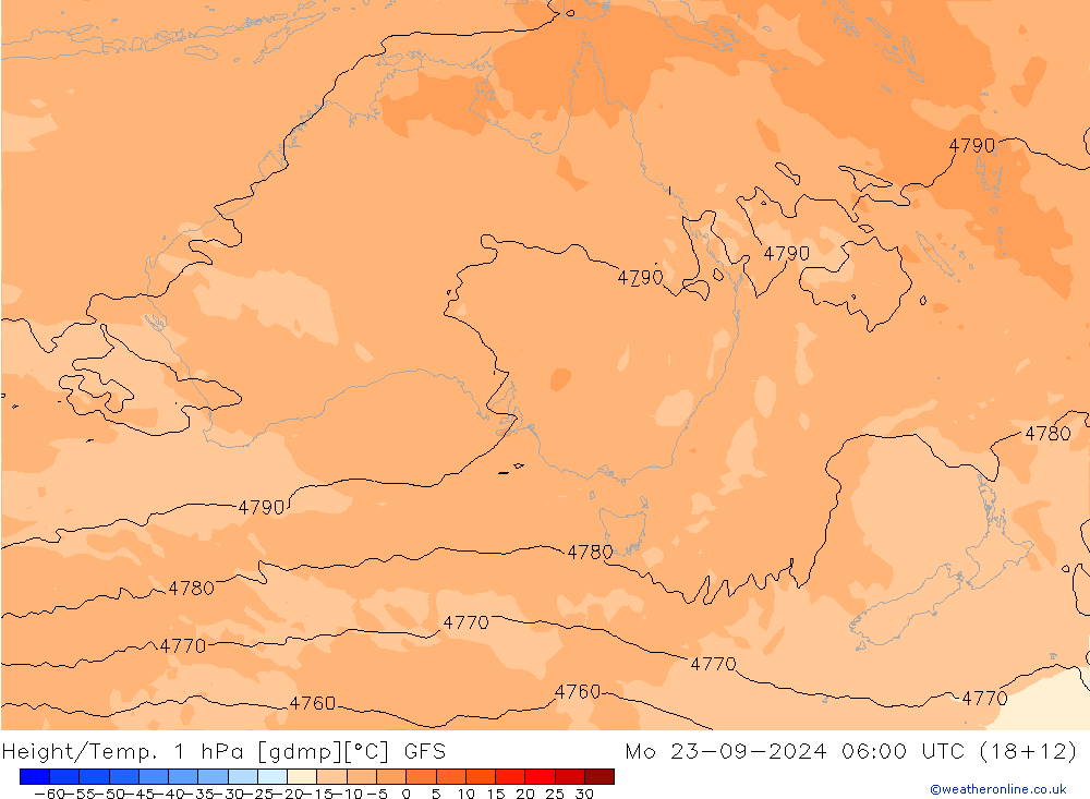 Height/Temp. 1 hPa GFS pon. 23.09.2024 06 UTC