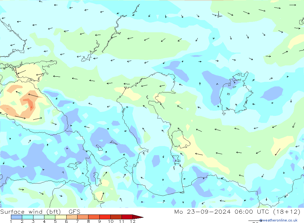 Surface wind (bft) GFS Mo 23.09.2024 06 UTC