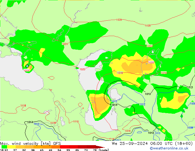 Max. wind velocity GFS śro. 25.09.2024 06 UTC