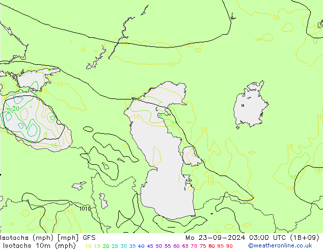 Isotachs (mph) GFS Mo 23.09.2024 03 UTC