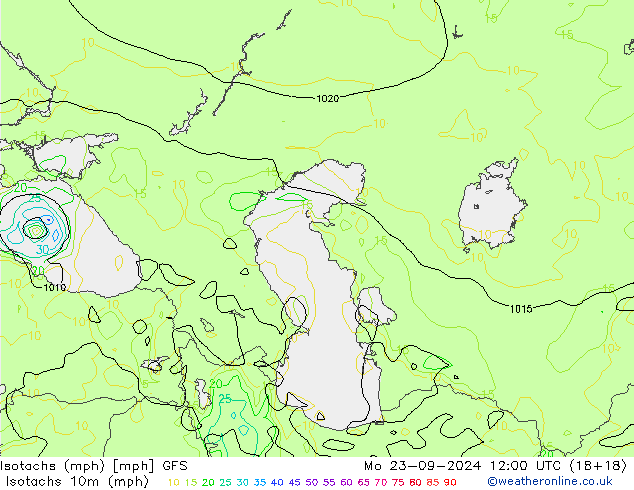 Isotachs (mph) GFS пн 23.09.2024 12 UTC