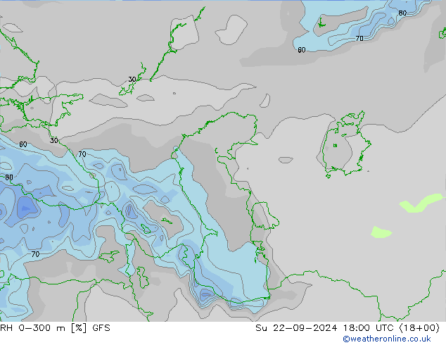 Humidité rel. 0-300 m GFS dim 22.09.2024 18 UTC