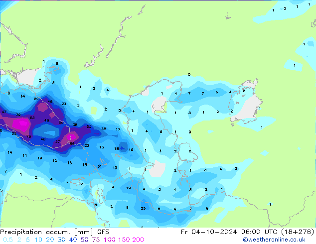 Precipitación acum. GFS vie 04.10.2024 06 UTC