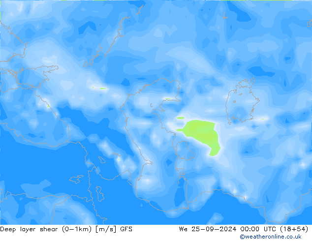 Deep layer shear (0-1km) GFS wo 25.09.2024 00 UTC