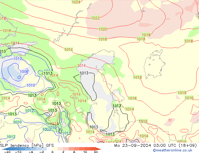 SLP tendency GFS Mo 23.09.2024 03 UTC