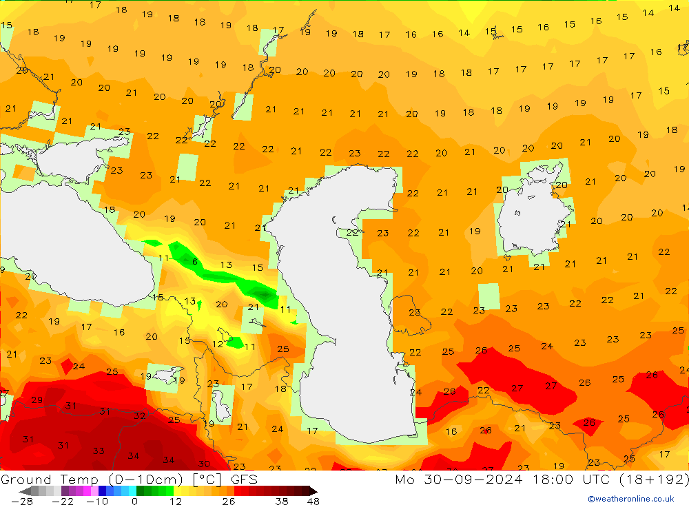 Temperatura del suelo (0-10cm) GFS lun 30.09.2024 18 UTC