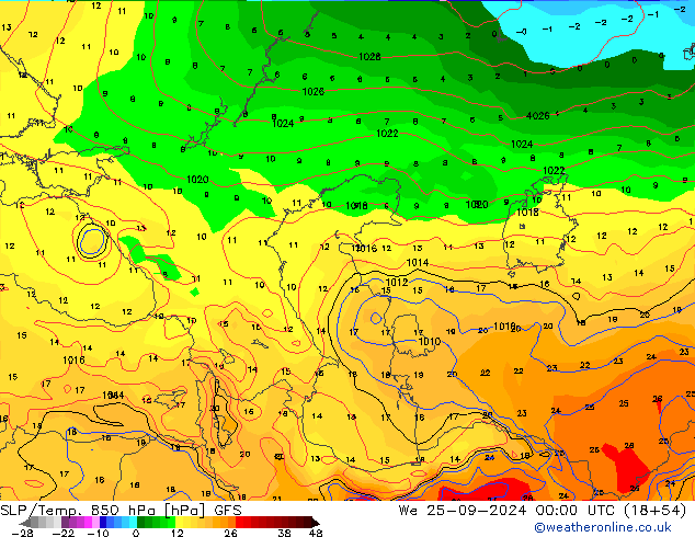 SLP/Temp. 850 hPa GFS mer 25.09.2024 00 UTC