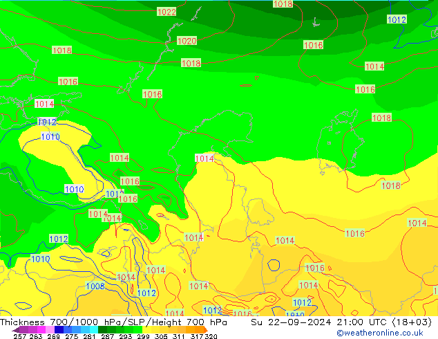 Thck 700-1000 гПа GFS Вс 22.09.2024 21 UTC