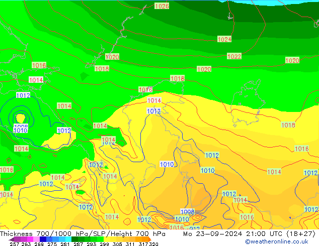 Thck 700-1000 гПа GFS пн 23.09.2024 21 UTC