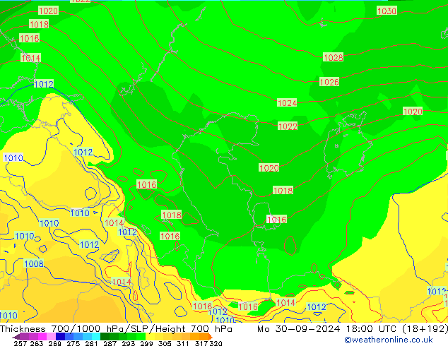 Thck 700-1000 hPa GFS Po 30.09.2024 18 UTC