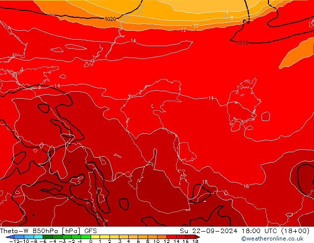 Theta-W 850hPa GFS zo 22.09.2024 18 UTC