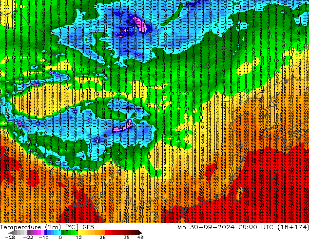 Temperature (2m) GFS Mo 30.09.2024 00 UTC