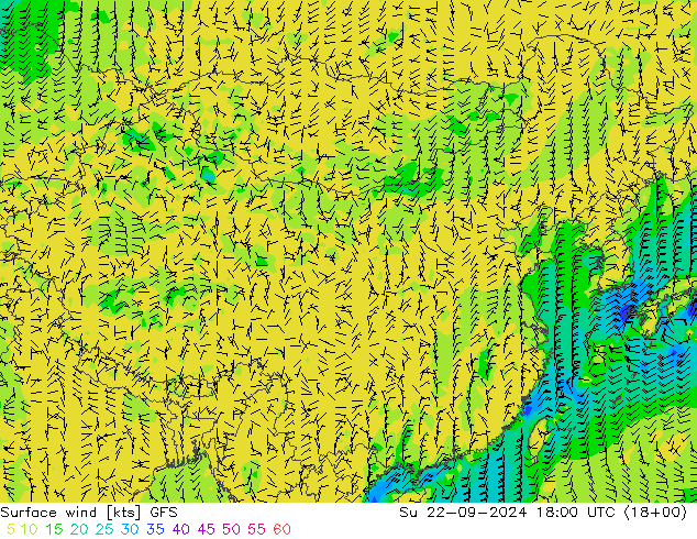 wiatr 10 m GFS nie. 22.09.2024 18 UTC