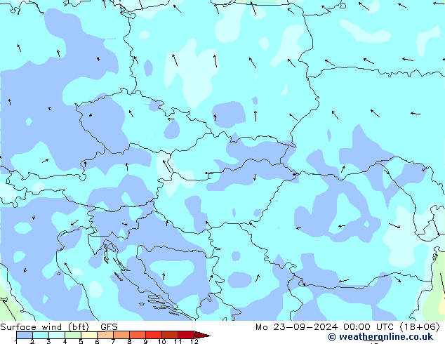 Vento 10 m (bft) GFS lun 23.09.2024 00 UTC