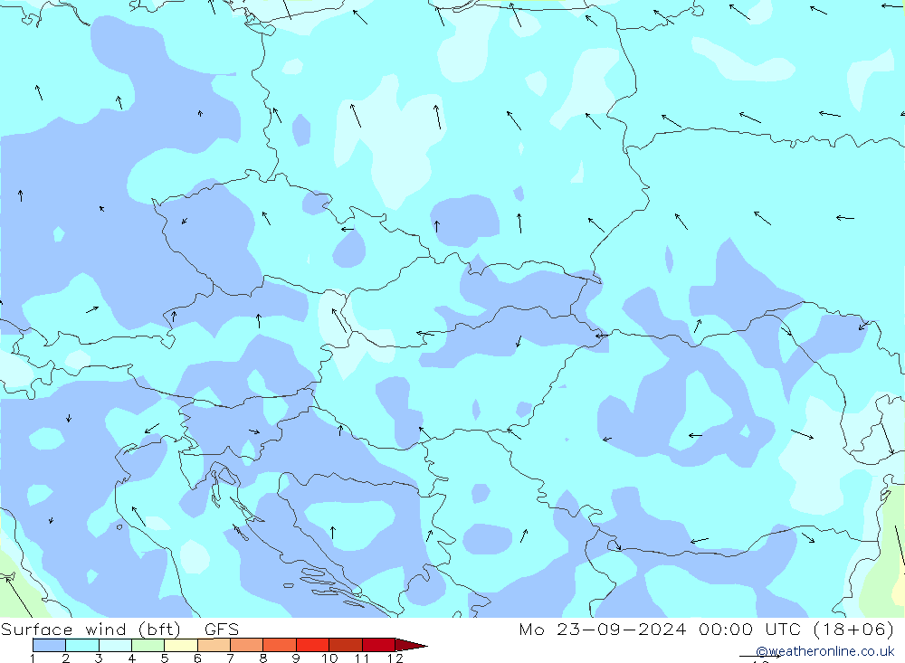 Surface wind (bft) GFS Mo 23.09.2024 00 UTC