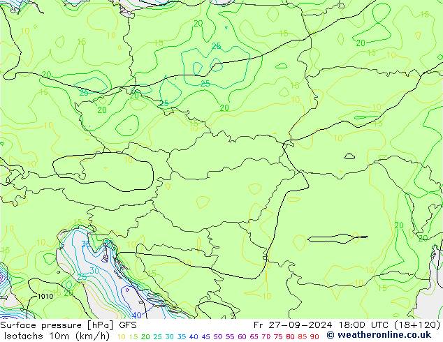 Isotachs (kph) GFS ven 27.09.2024 18 UTC