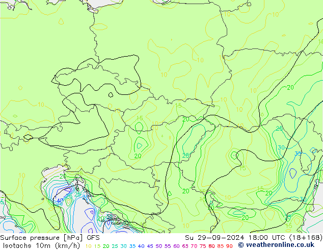 Isotachs (kph) GFS dim 29.09.2024 18 UTC