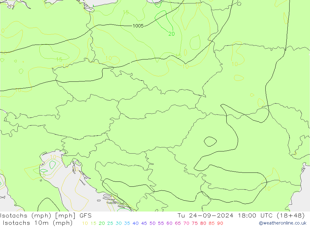 Eşrüzgar Hızları mph GFS Sa 24.09.2024 18 UTC