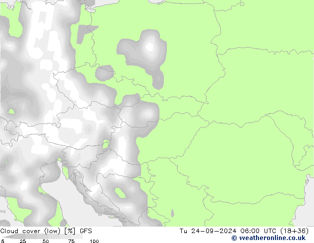 Cloud cover (low) GFS Tu 24.09.2024 06 UTC