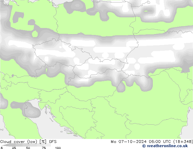 Cloud cover (low) GFS Mo 07.10.2024 06 UTC