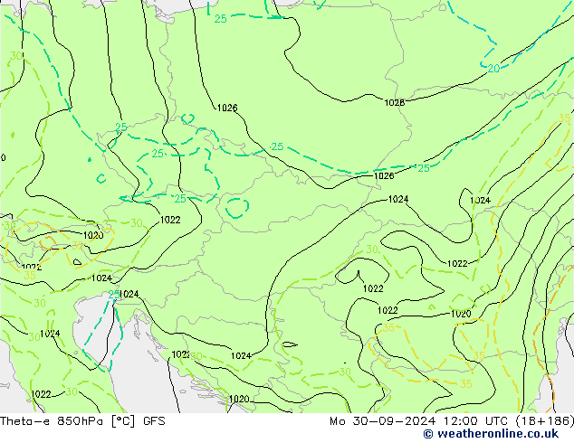 Theta-e 850hPa GFS Mo 30.09.2024 12 UTC