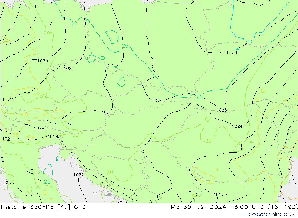 Theta-e 850hPa GFS lun 30.09.2024 18 UTC