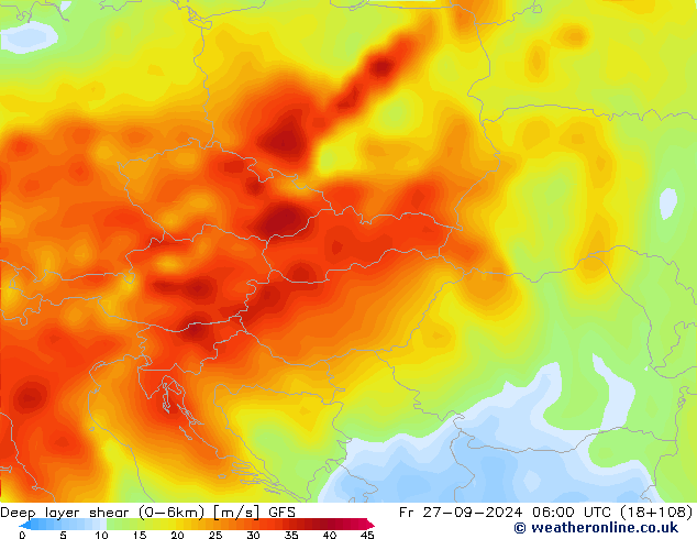 Deep layer shear (0-6km) GFS Fr 27.09.2024 06 UTC