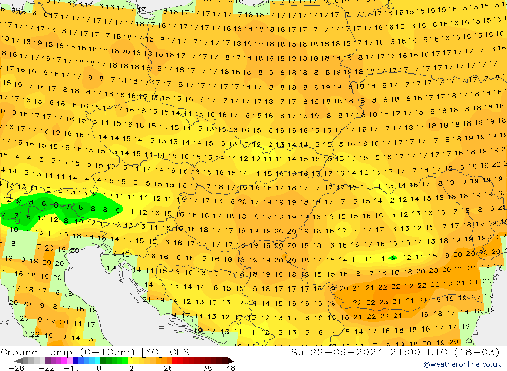 Temp. al suolo (0-10cm) GFS dom 22.09.2024 21 UTC