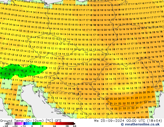 Topraküstü en düşük Sıc. GFS Çar 25.09.2024 00 UTC