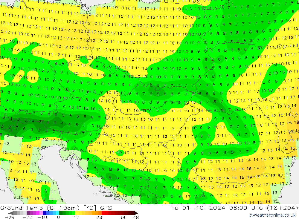 Temperatur 0-10 cm GFS Di 01.10.2024 06 UTC