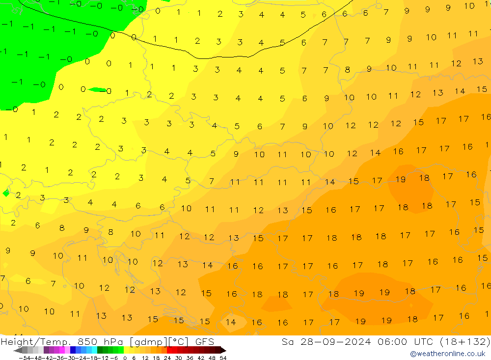 Geop./Temp. 850 hPa GFS sáb 28.09.2024 06 UTC