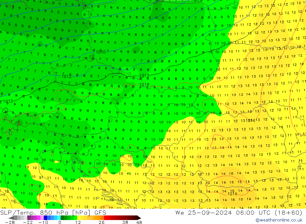 SLP/Temp. 850 hPa GFS mer 25.09.2024 06 UTC