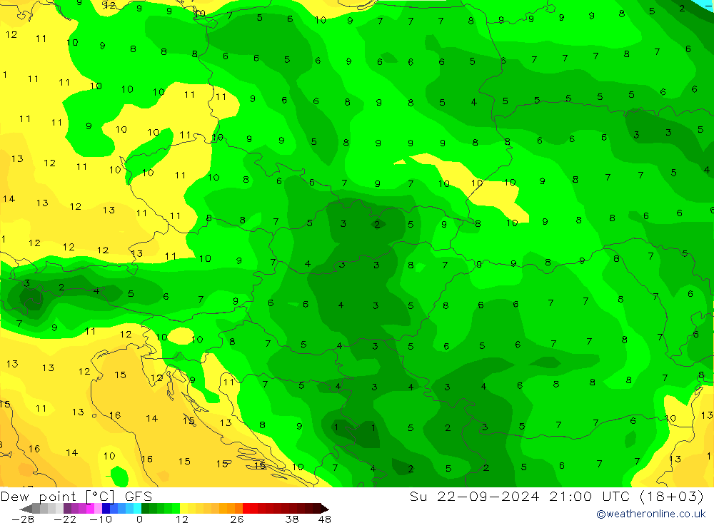 Rosný bod GFS Ne 22.09.2024 21 UTC