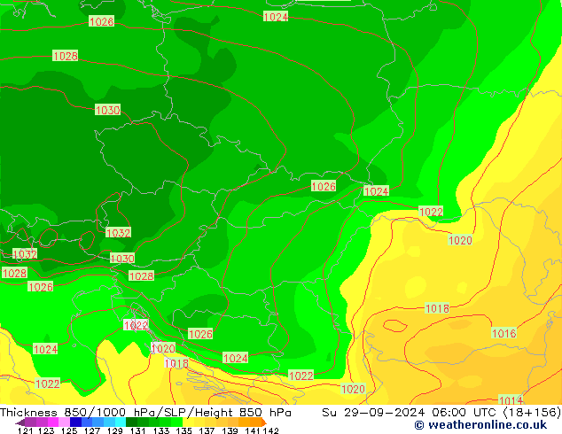 Thck 850-1000 hPa GFS dom 29.09.2024 06 UTC