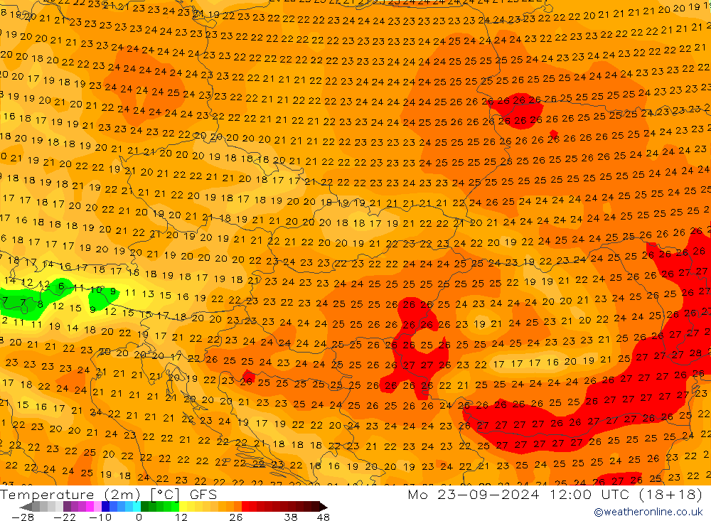 Temperatura (2m) GFS Seg 23.09.2024 12 UTC