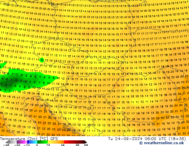 Sıcaklık Haritası (2m) GFS Sa 24.09.2024 06 UTC