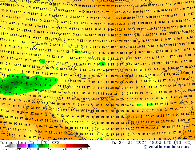 Temperatura (2m) GFS mar 24.09.2024 18 UTC