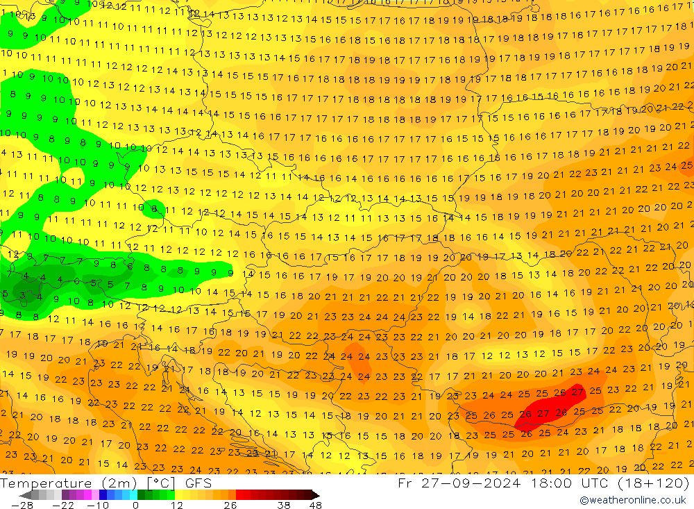 Temperature (2m) GFS Pá 27.09.2024 18 UTC