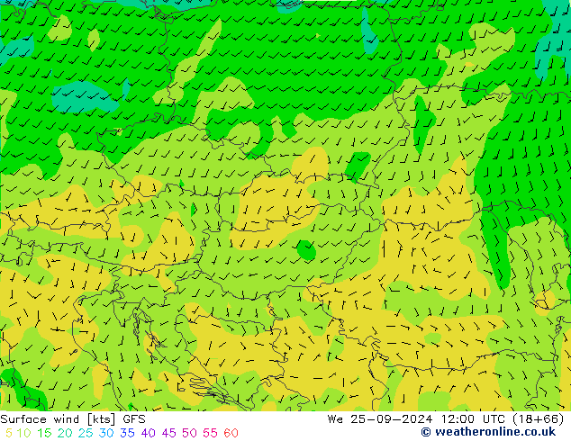 Viento 10 m GFS mié 25.09.2024 12 UTC