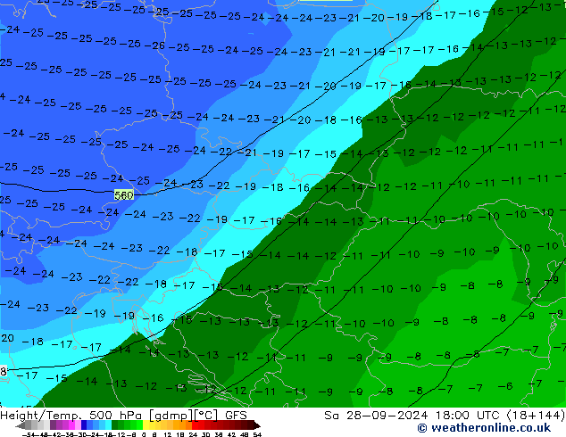 Hoogte/Temp. 500 hPa GFS za 28.09.2024 18 UTC