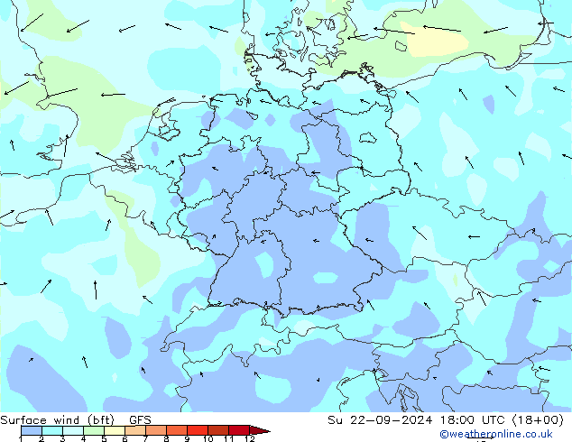 Vento 10 m (bft) GFS Dom 22.09.2024 18 UTC