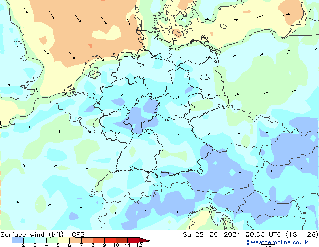 Surface wind (bft) GFS Sa 28.09.2024 00 UTC