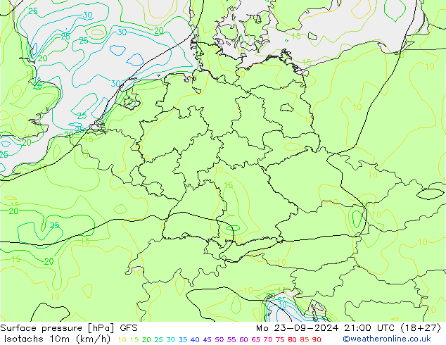 Isotachs (kph) GFS Mo 23.09.2024 21 UTC