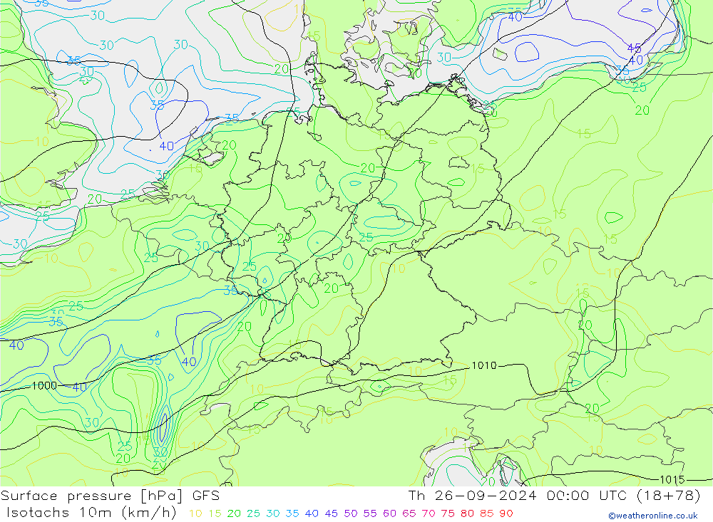 Isotachs (kph) GFS  26.09.2024 00 UTC